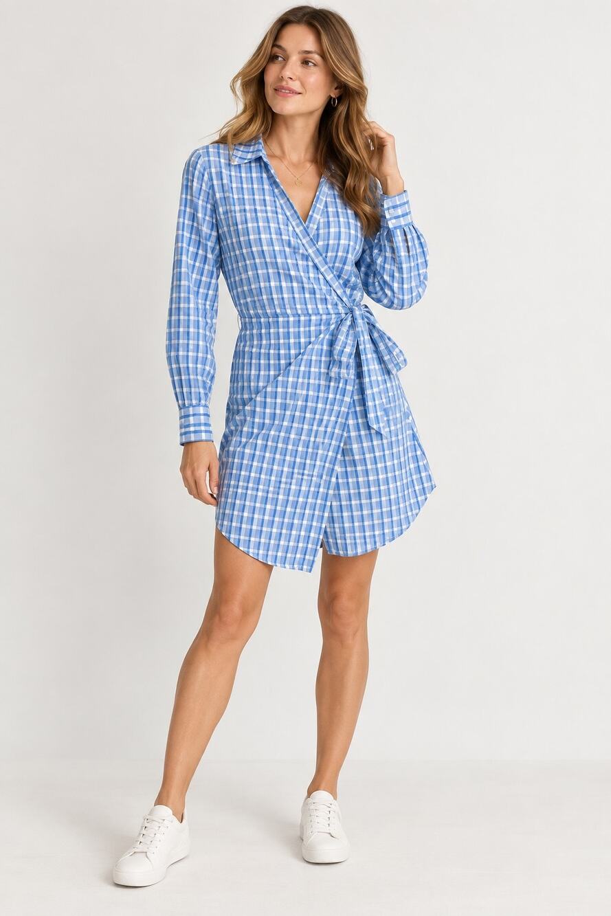 H&M Blue Windowpane Plaid Wrap Dress Size 8 Cotton Lyocell